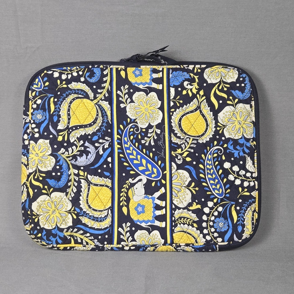 Vera Bradley Laptop Sleeve Elephant Parade Navy Yellow Quilted Zip Padded‎ Case